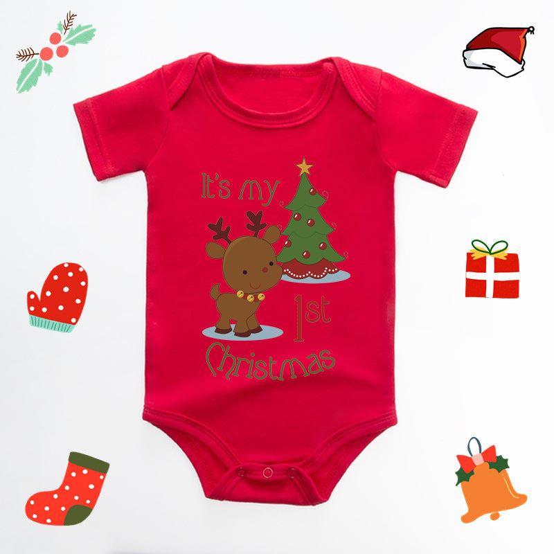 Christmas Deer English Letters Printed Red Triangle Rompers 4