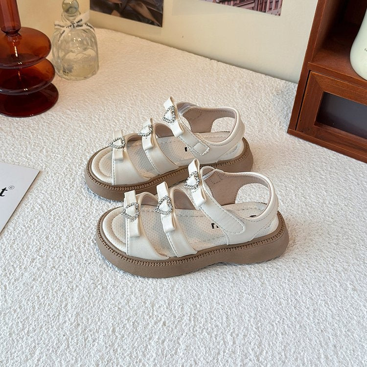 2025 Summer New Girls' Heart Rhinestone Sandals, Korean Style Princess Shoes With Bow, Kids Roman Sandals 2