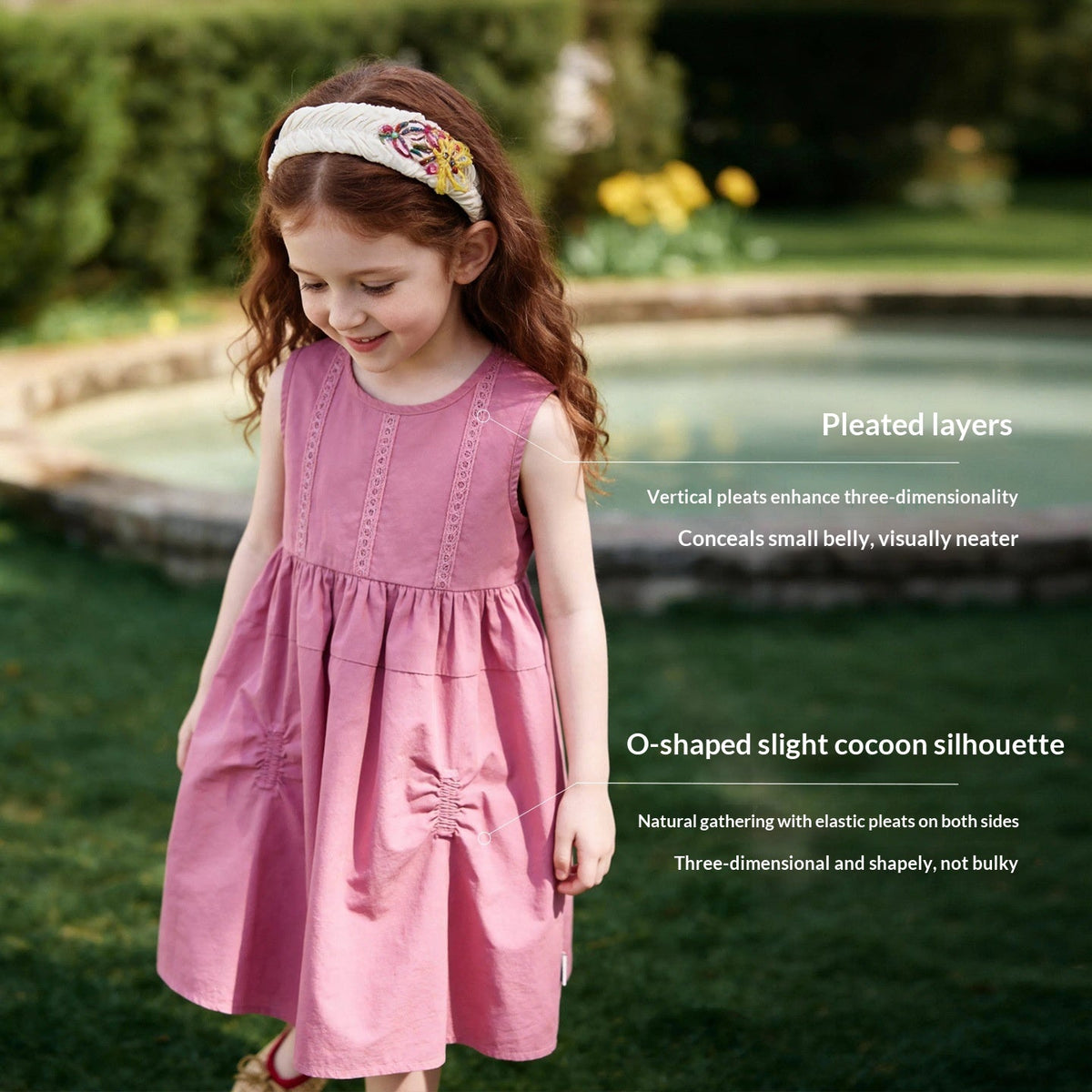 Solid-color Ruched Lace-Patchwork Vest Dress For Girls 1