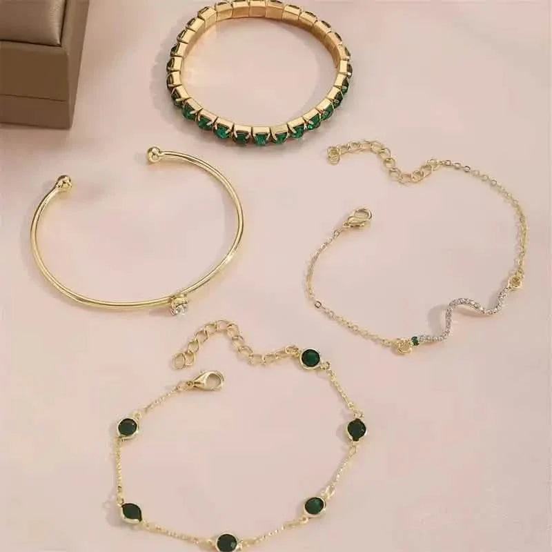 4pcs Green Emerald Rhinestone Snake Bracelet Set for Women 3
