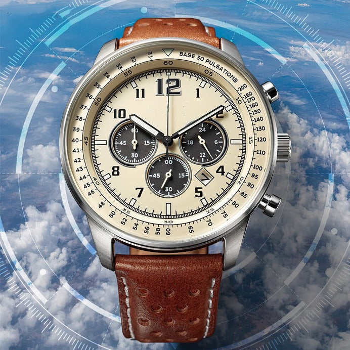 Six-hand Chronograph Quartz Watch With A Leather Strap 1