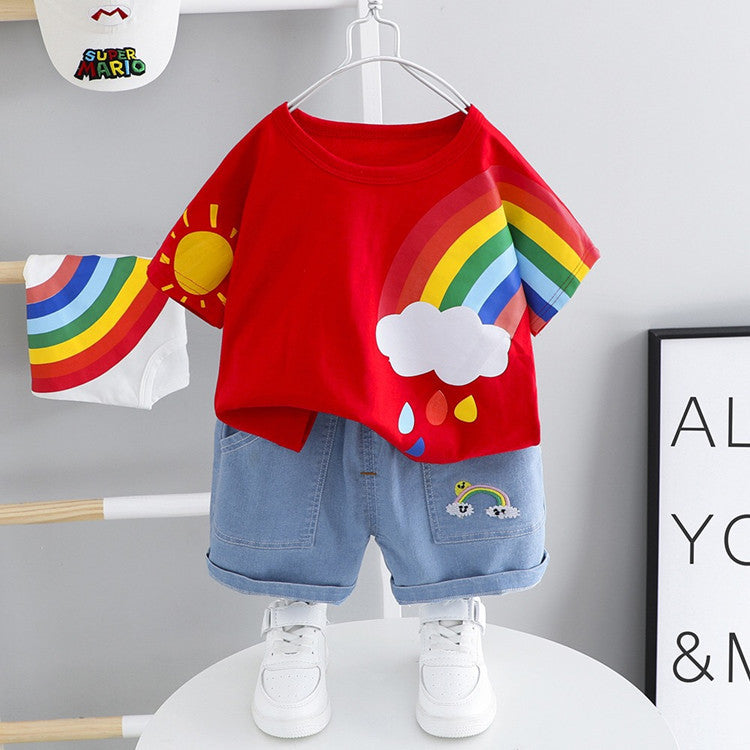 Boys And Girls Short-sleeved Denim Five-point Pants Two-piece Cute Pants Suit Cotton Short-sleeved 5