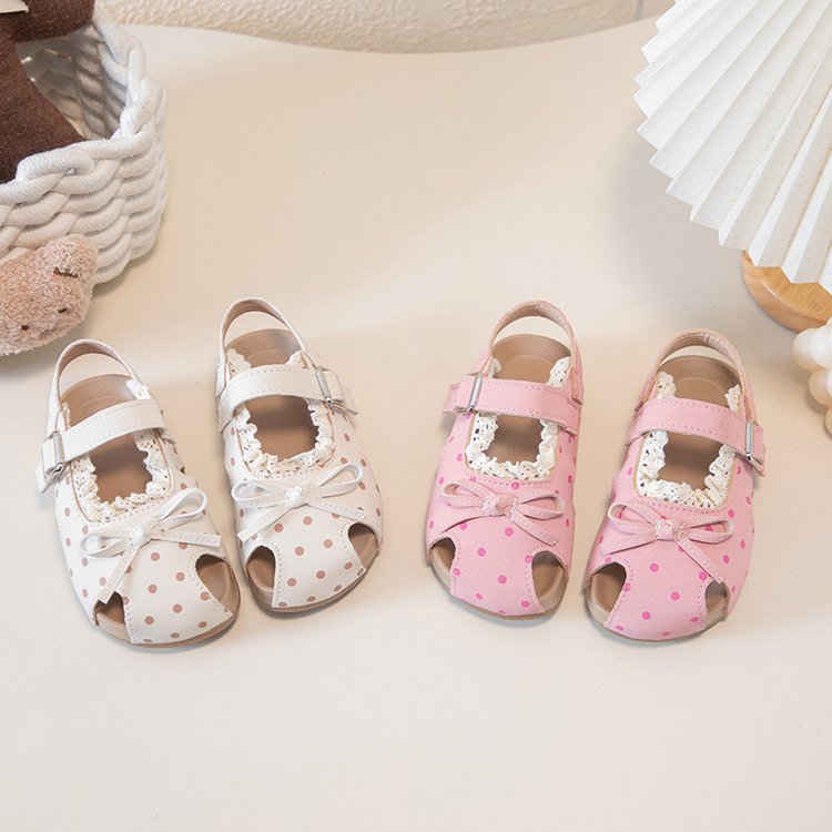 Girls' Sandals For Summer, Little Girls' Polka Dot Princess Shoes With Soft Soles And Toe Caps, Beach Walking Shoes For Beginners 1