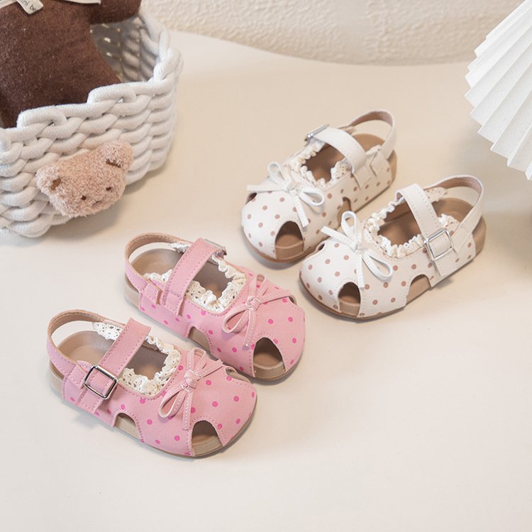 Girls' Sandals For Summer, Little Girls' Polka Dot Princess Shoes With Soft Soles And Toe Caps, Beach Walking Shoes For Beginners 3