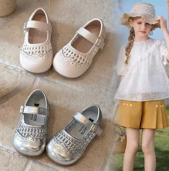 2026 Spring Summer New Korean Style Girls Hollow Out Leather Sandals, Woven Style Princess Shoes, Kids Soft Sole Breathable Versatile Flats 2