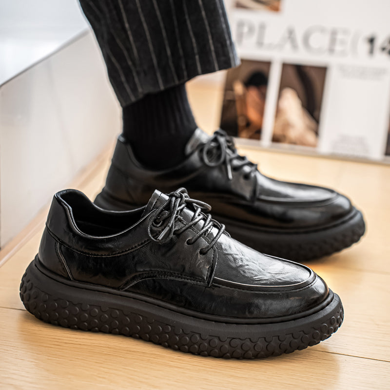 Trendy Brand Men's Leather Shoes, British Style Fashion Thick Sole Casual Footwear, Low-top Lace-up Height-increasing Breathable Black Loafers 3