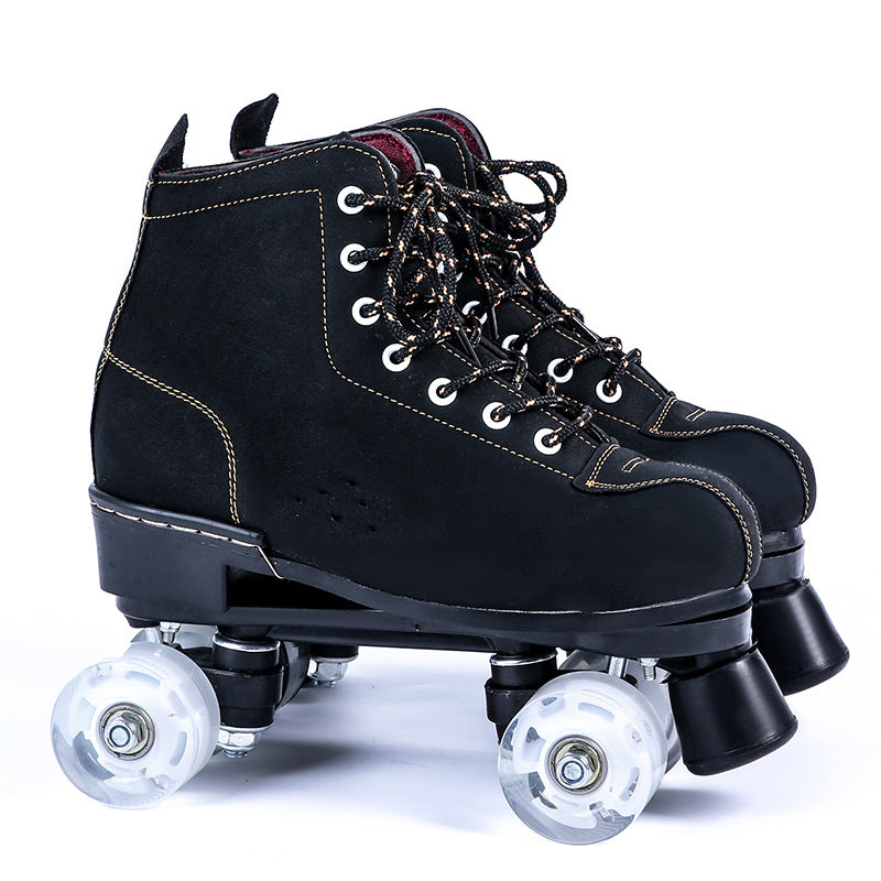 Black Lether Roller Skates Shoes 4-Wheel Double Row 3