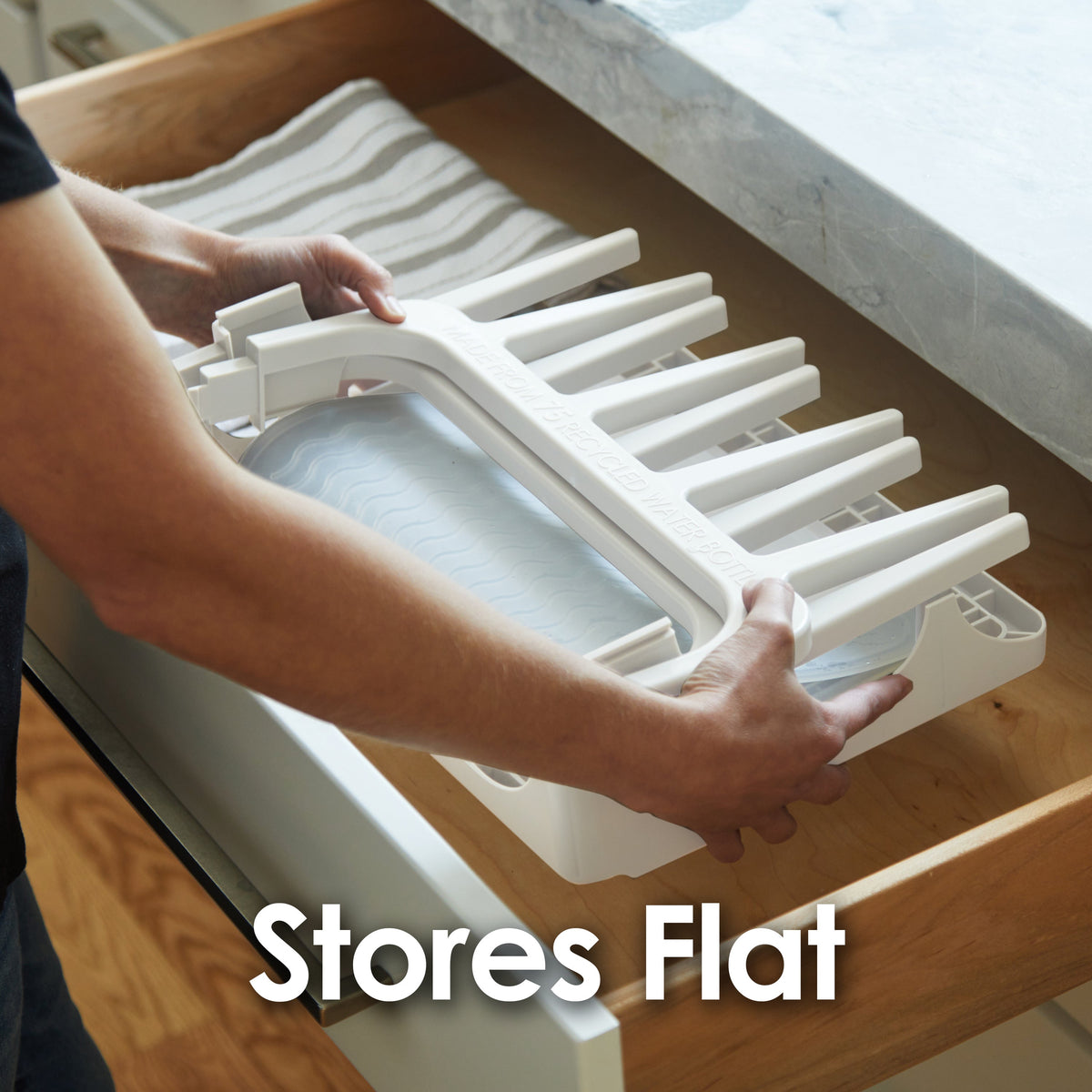 PopYum Glacier White Drying Rack from 100% Recycled Bottles with Silicone Drying Mat, countertop for Baby Bottles, Plastic Bags, Cups, Compact 10