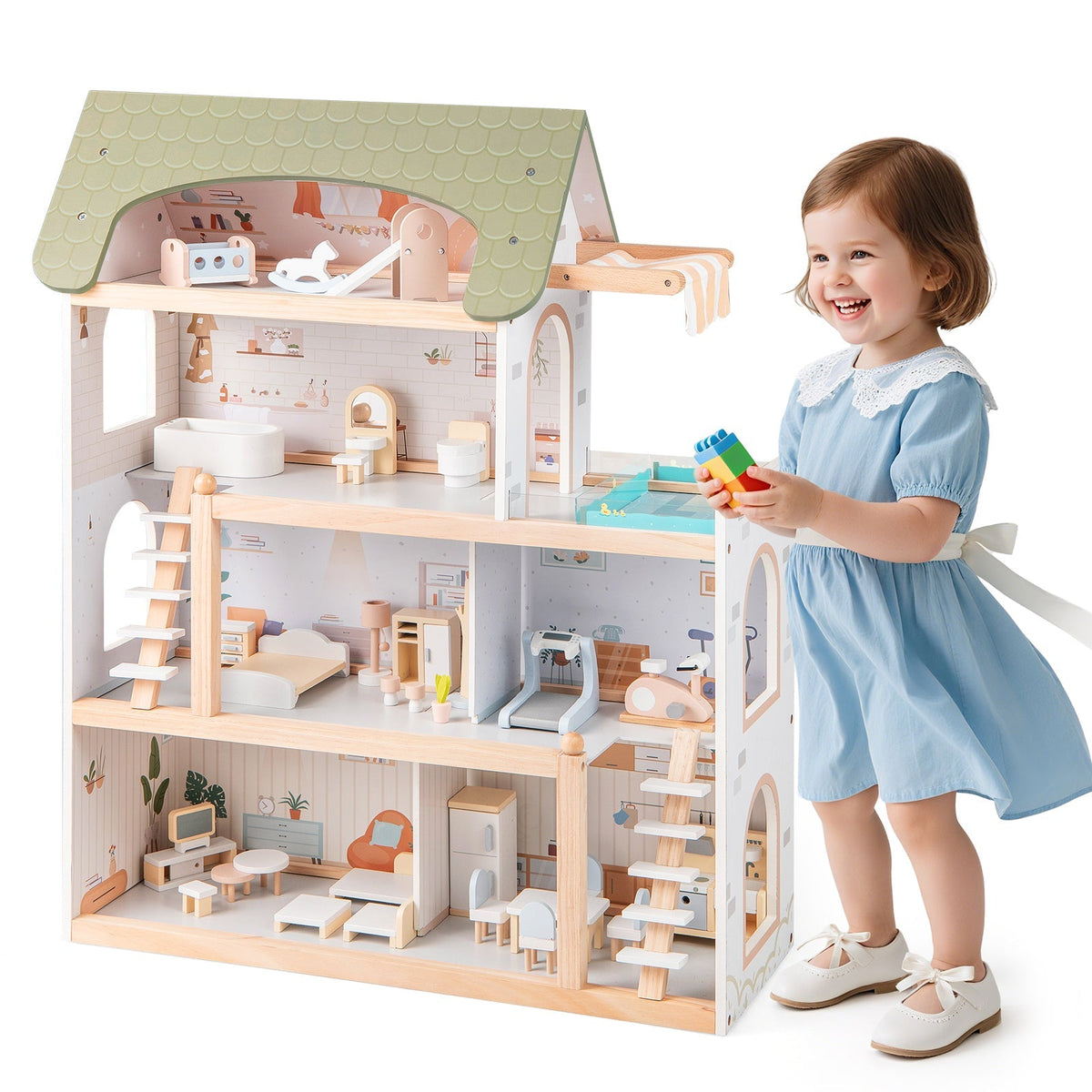 Wooden Dollhouse Kids DIY Pretend Playhouse with 33 PCS Furniture Accessories-Green 4