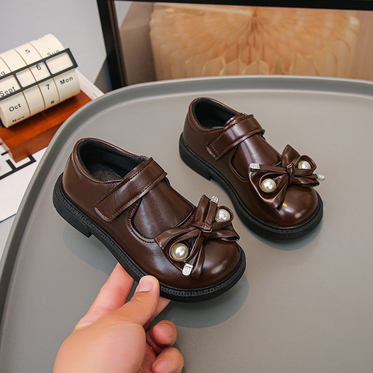 Girls' Leather Shoes, Black Performance Single Shoes, Baby Girls' Bow Princess Shoes, Bean Shoes 3