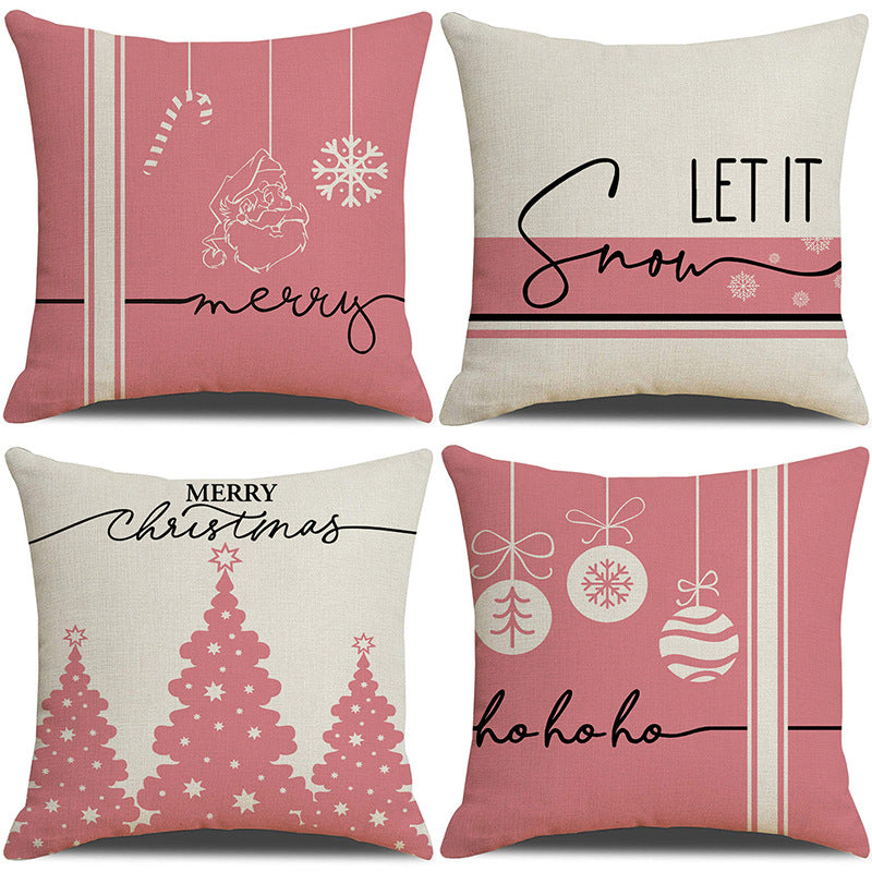 Pink cartoon Christmas linen pillowcase, sofa cushion, home goods pillowcase 1