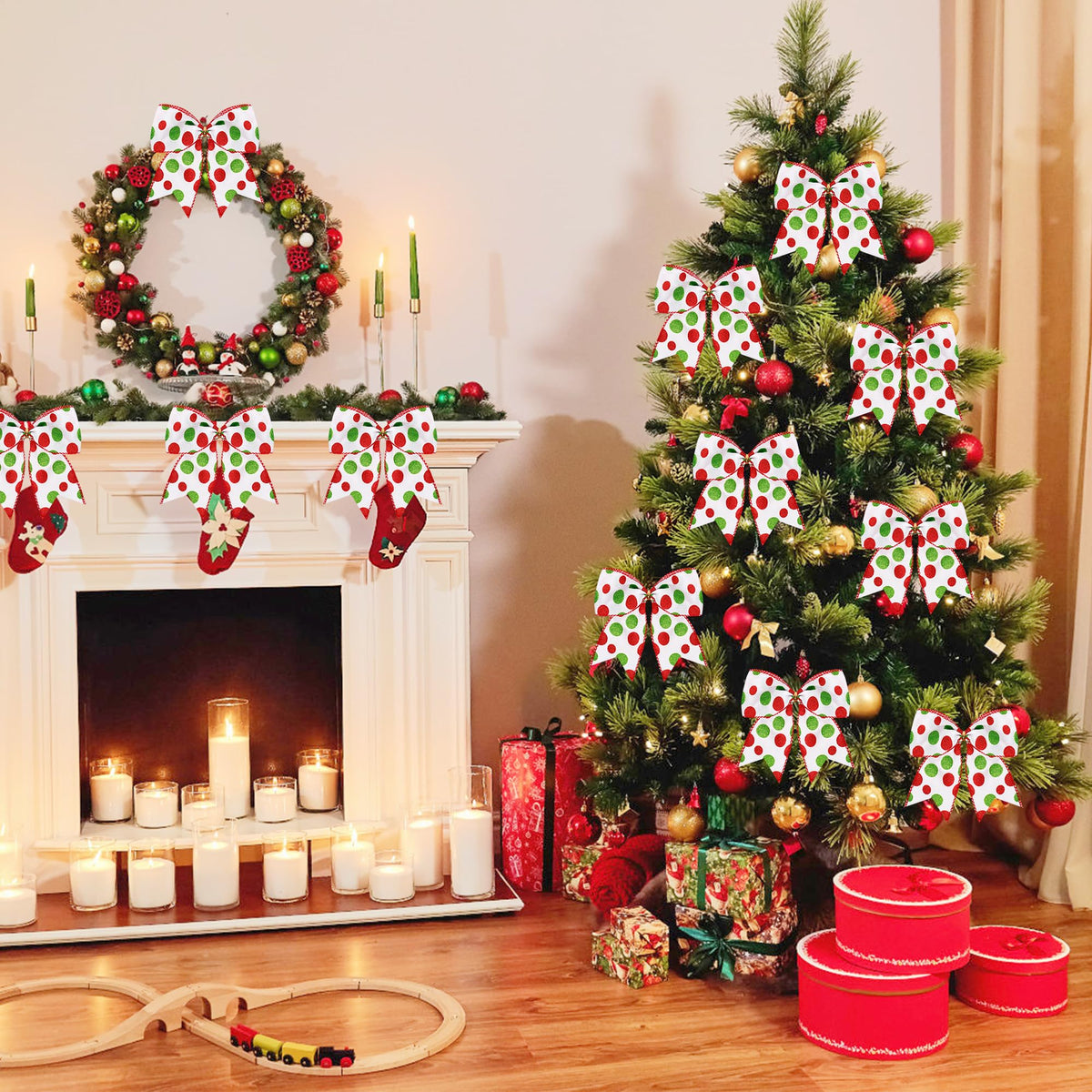 Hiagkmet 12 pcs Red Green Christmas Bows Ornaments 6 Inch Holiday Decor 6