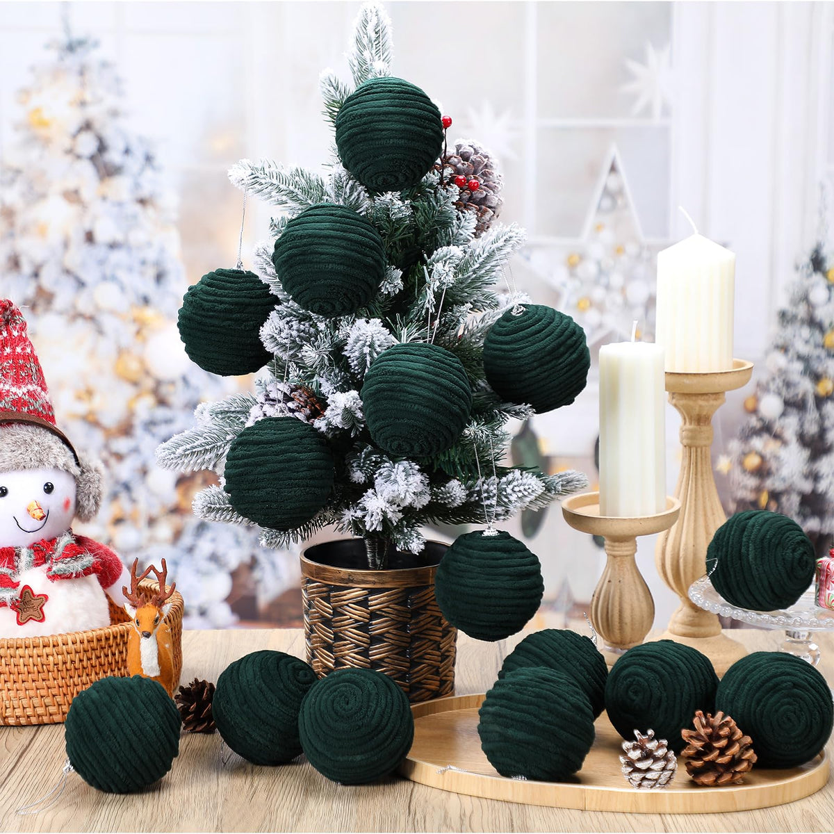 Soulchen 15 Pcs 3.15" Large Green Velvet Flocked Christmas Balls Ornaments 6