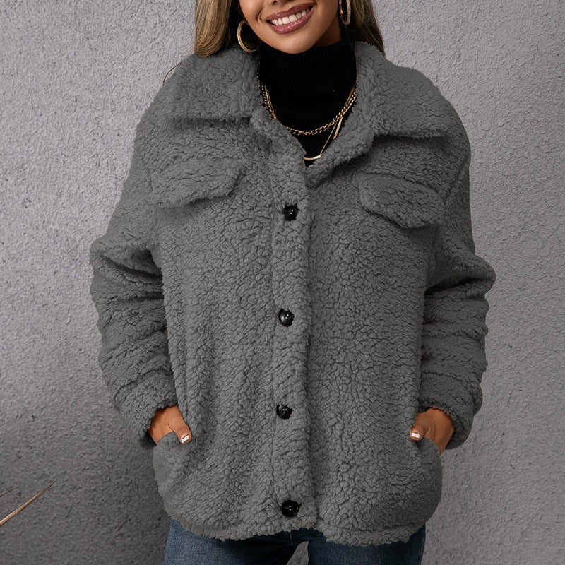 Lapel Single-breasted Fleece Coat Winter Warm Button Pocket Short Jacket Top Women Clothing 2