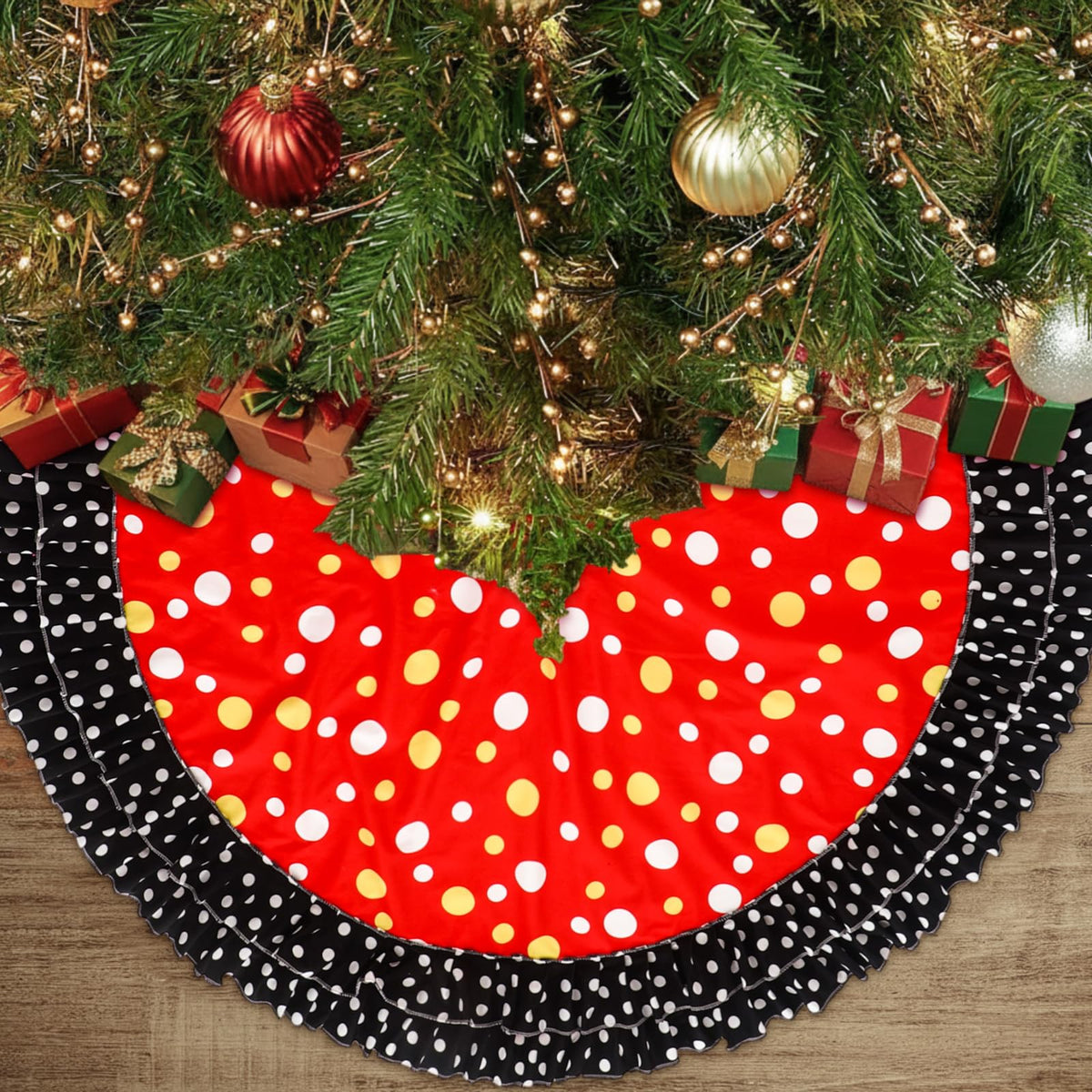 Soulchen Christmas Tree Skirt Double Layer Red Black Yellow Big Wave Point 51" 1