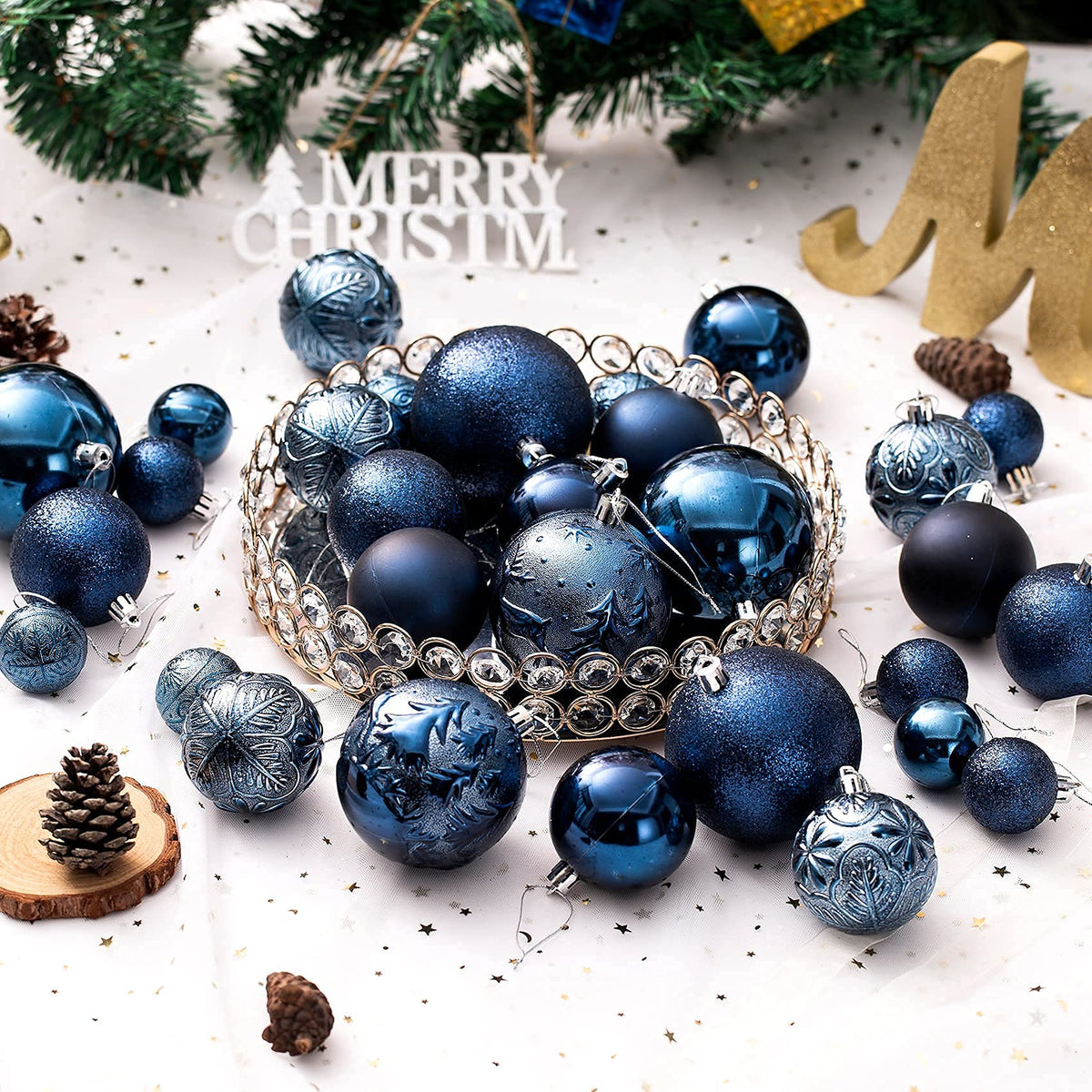 Senjie Night Blue Shatterproof Christmas Ornaments 32pcs Set Plastic 3
