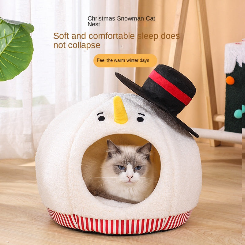 Cat Nest: Semi enclosed Cat House for All Seasons, Cute Christmas Snowman Cat Nest, Winter Warmth Pet Supplies 2