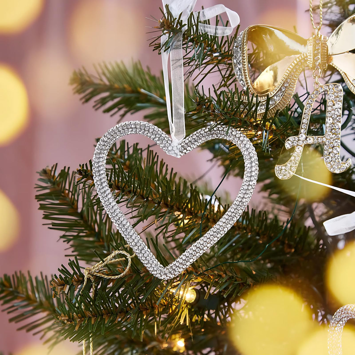 Mrchtmas Christmas Silver Bow Ornament 2025 Heart Rhinestones 1 Pc 2