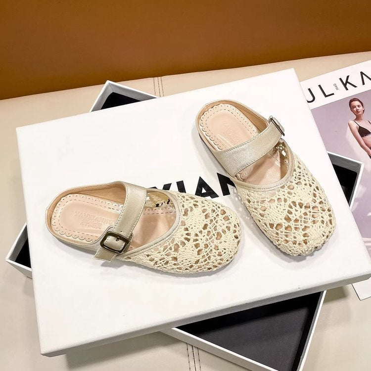 2026 New Summer Girls Hollow Round Toe Mule Slippers, Woven Closed Toe Retro Fashion Flat Slide Sandals, Casual Simple Outdoor Wear 2