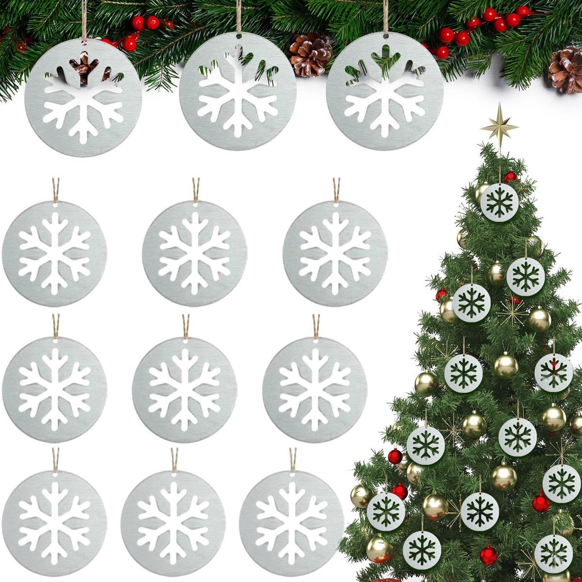Shimeyao 12 Pcs Christmas Metal Snowflake Ornaments Hollow Disc Grey 1