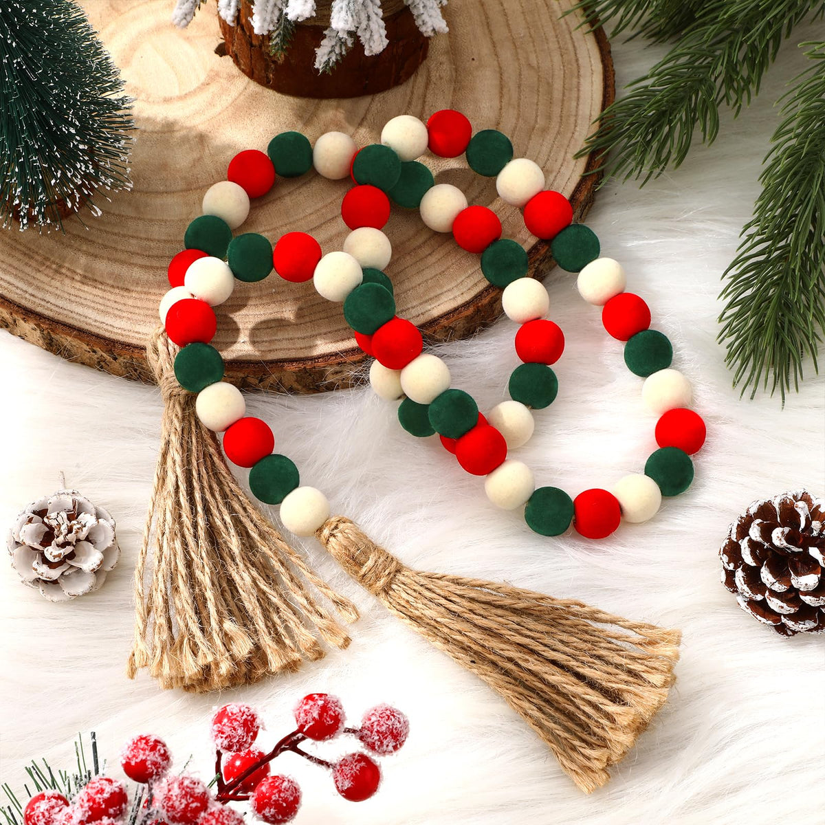Canlierr Velvet Christmas Bead Garland 39in Neutral Flock Beads Tassels 1