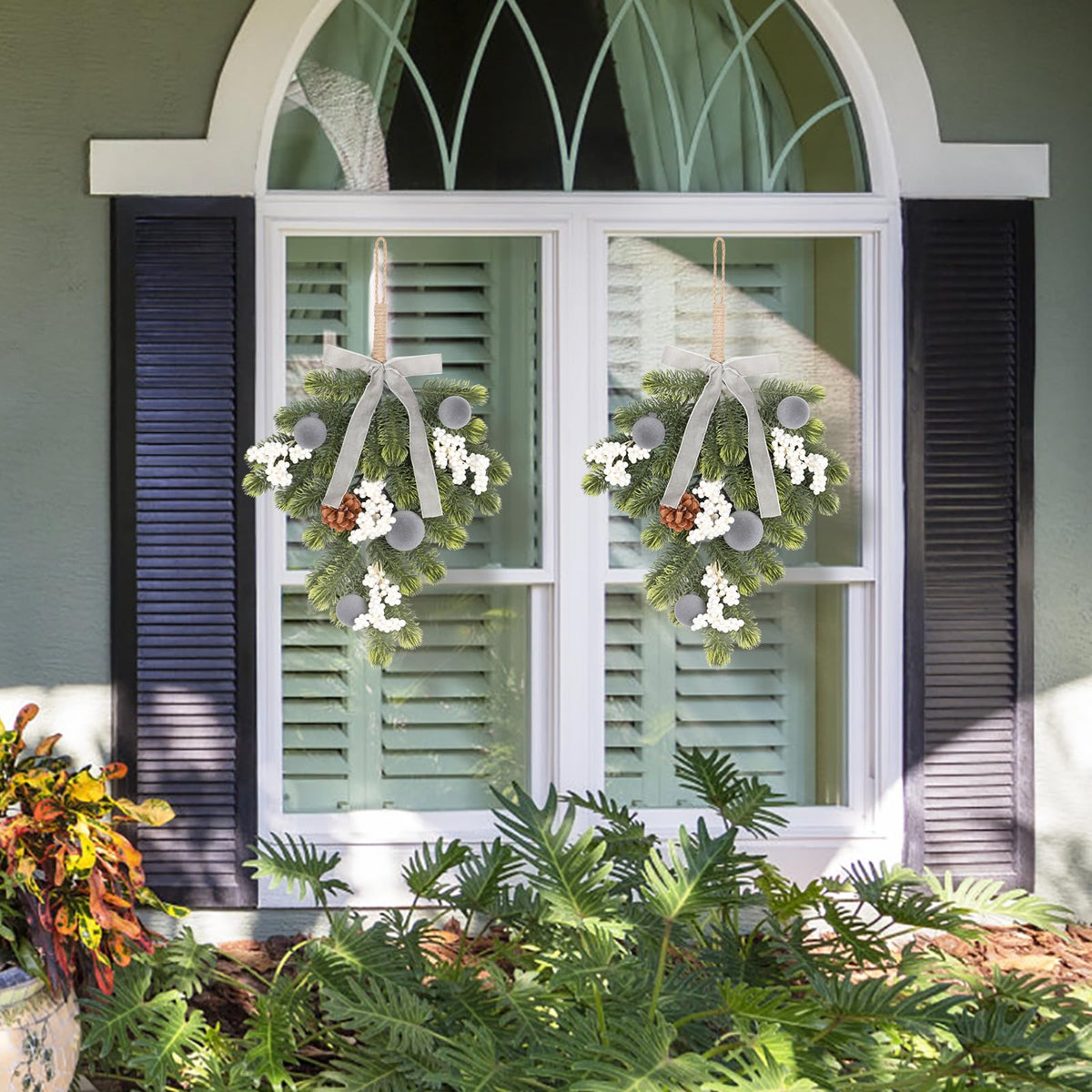Super Holiday Christmas 2PCS Artificial Green Plant Wreaths Grey Velvet Bow 5