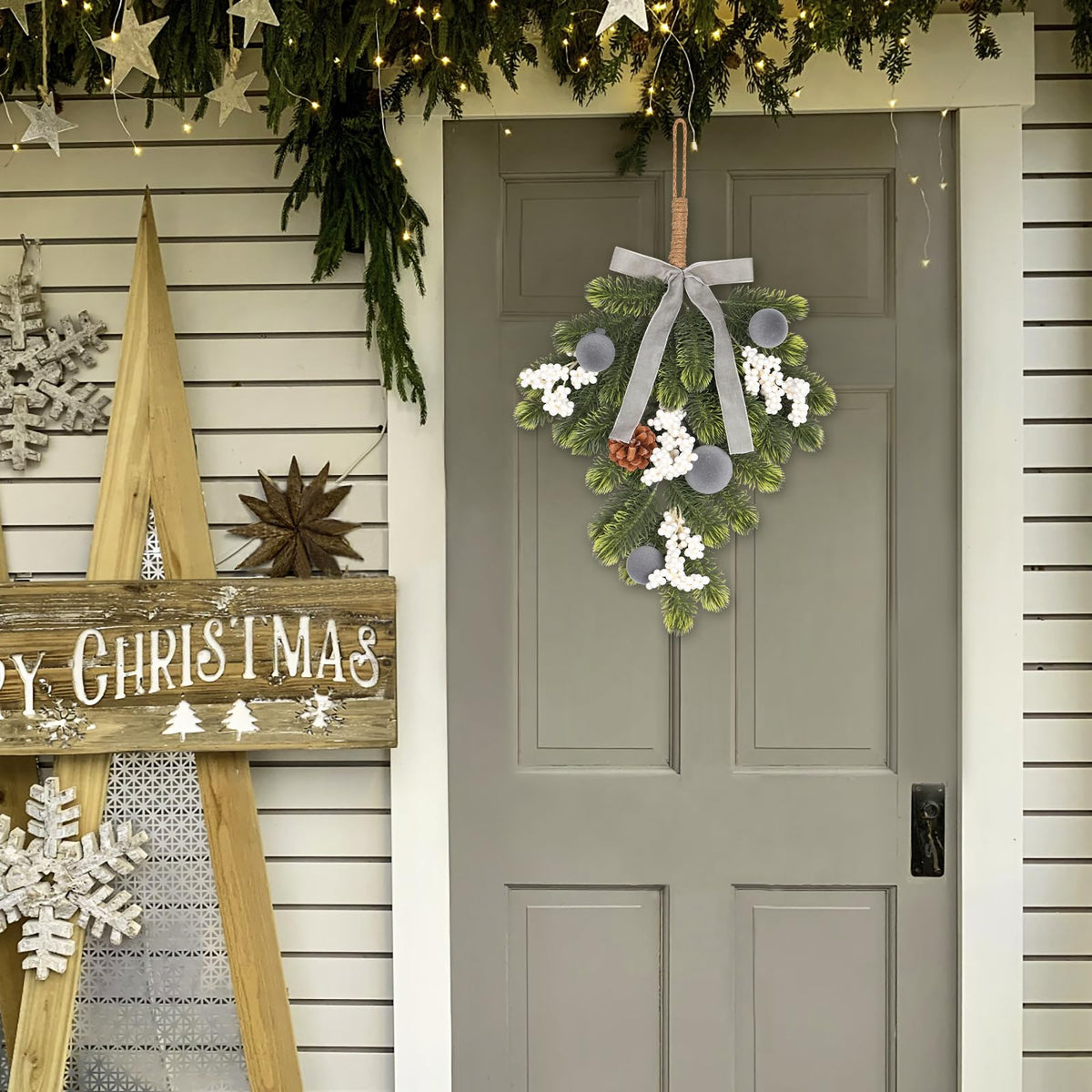 Super Holiday Christmas 2PCS Artificial Green Plant Wreaths Grey Velvet Bow 7