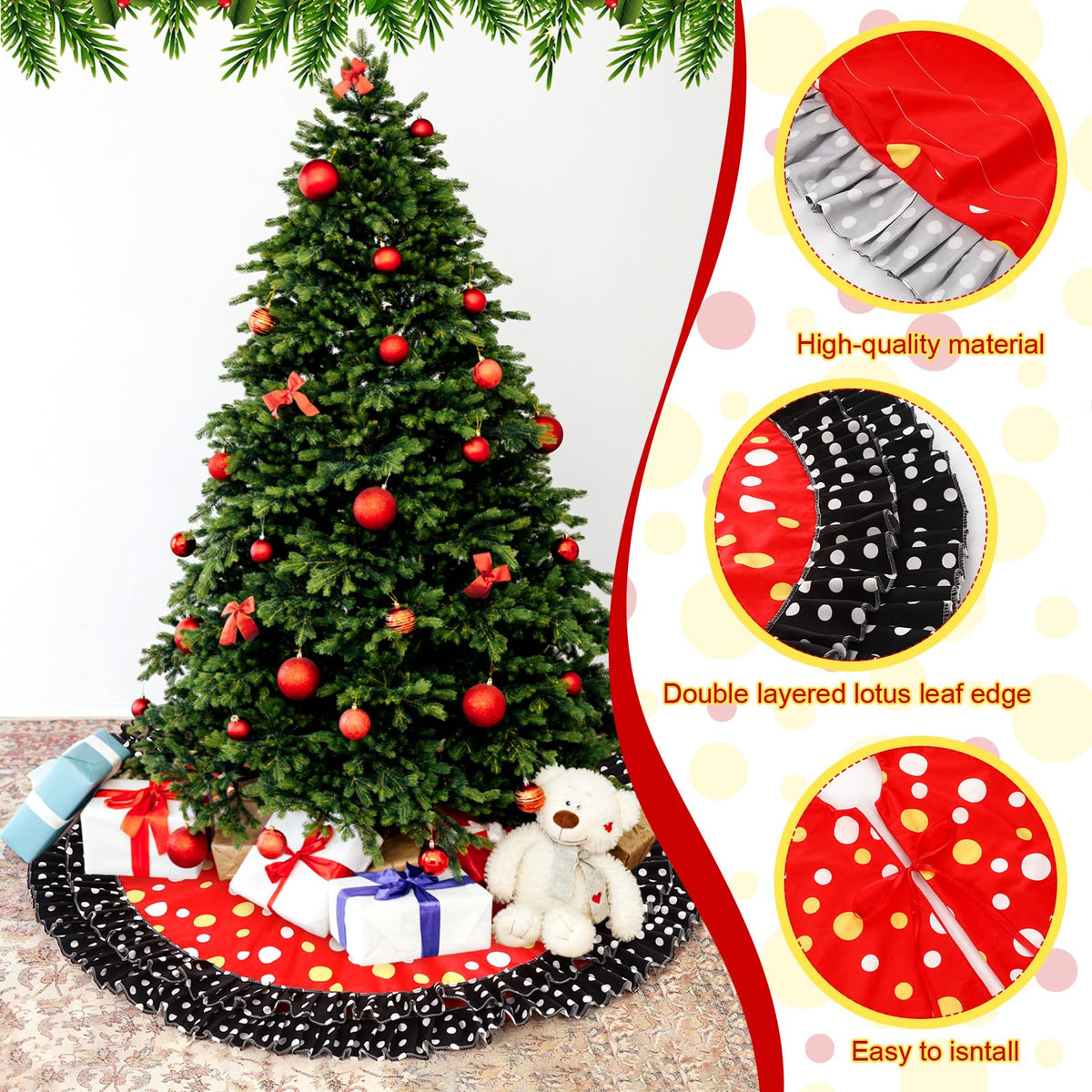 Soulchen Christmas Tree Skirt Double Layer Red Black Yellow Big Wave Point 51" 3