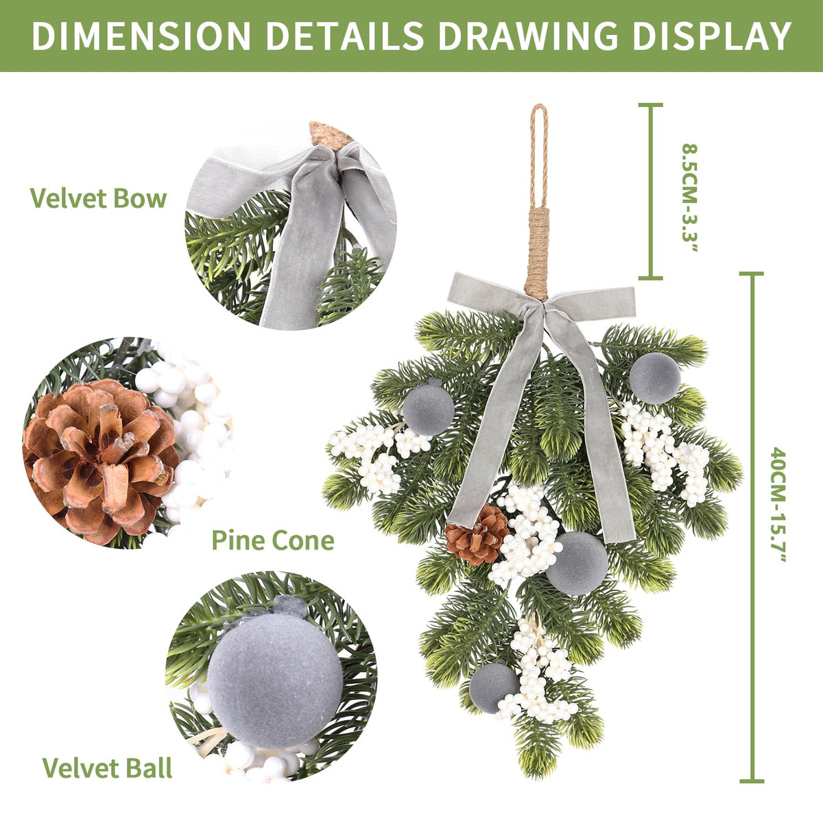 Super Holiday Christmas 2PCS Artificial Green Plant Wreaths Grey Velvet Bow 2