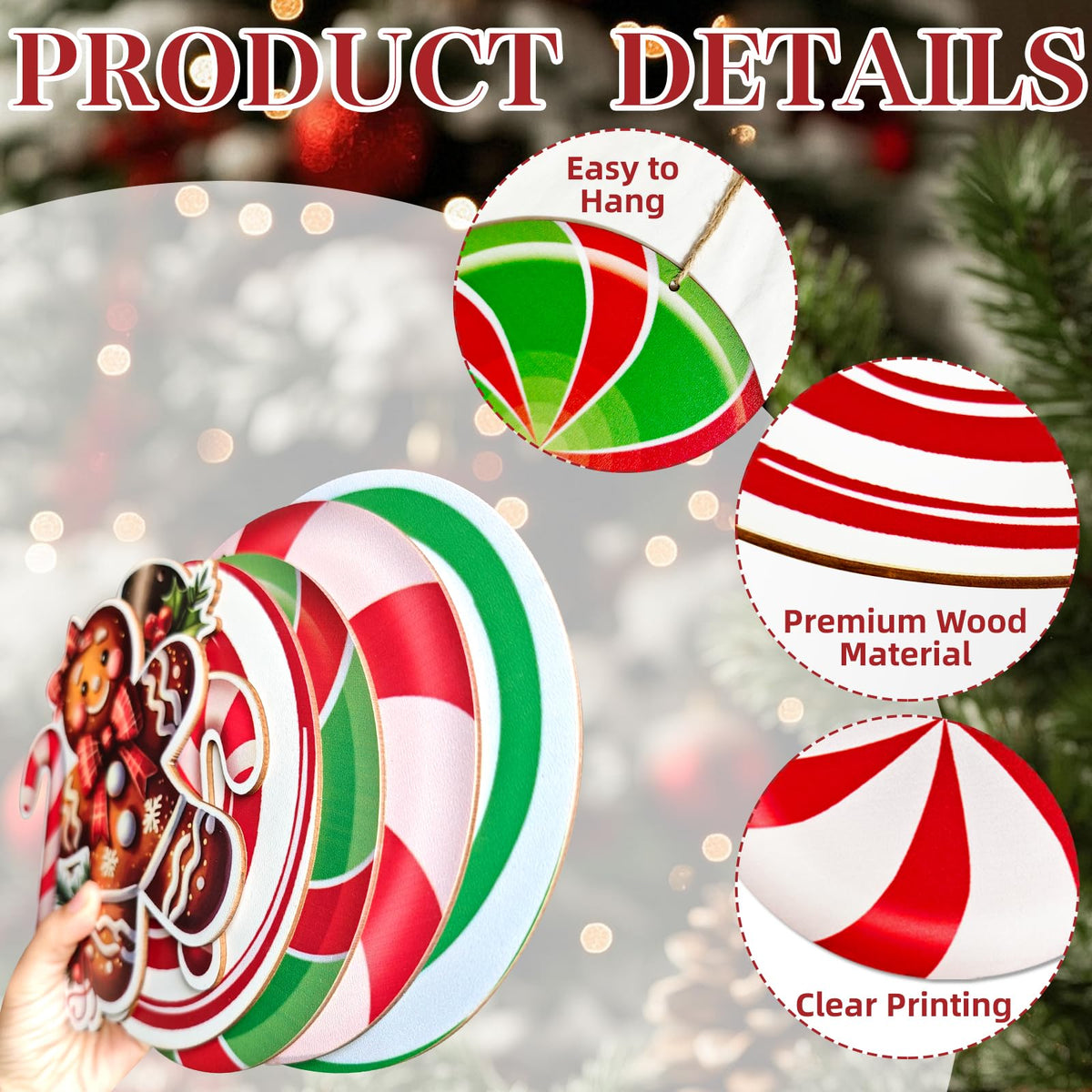 Generic Gingerbread Christmas Wooden Ornaments Large Red White Peppermint 3
