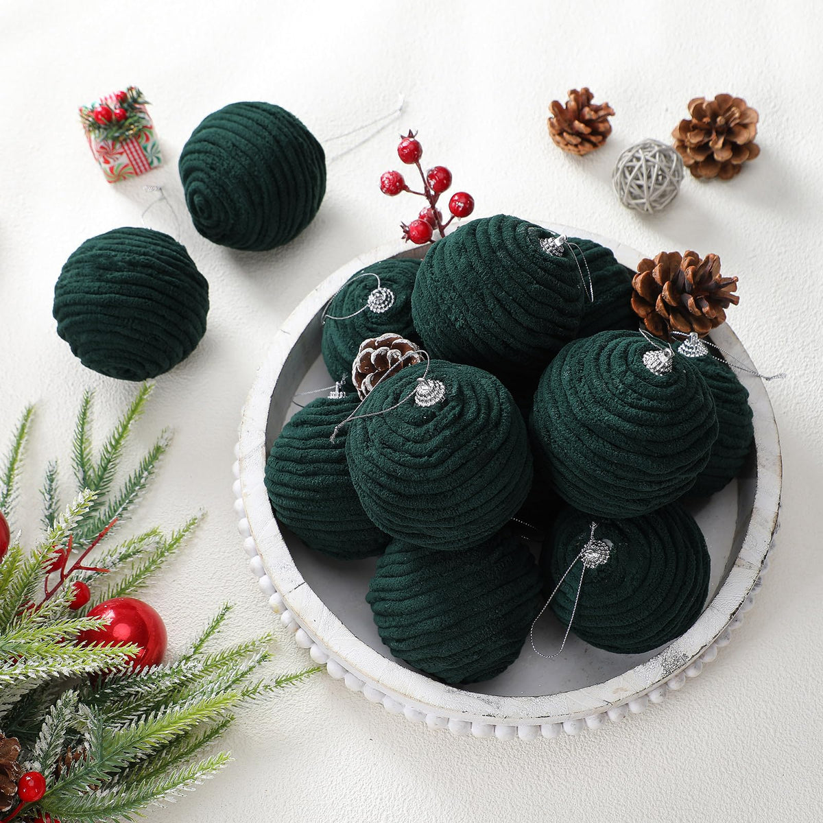 Soulchen 15 Pcs 3.15" Large Green Velvet Flocked Christmas Balls Ornaments 3