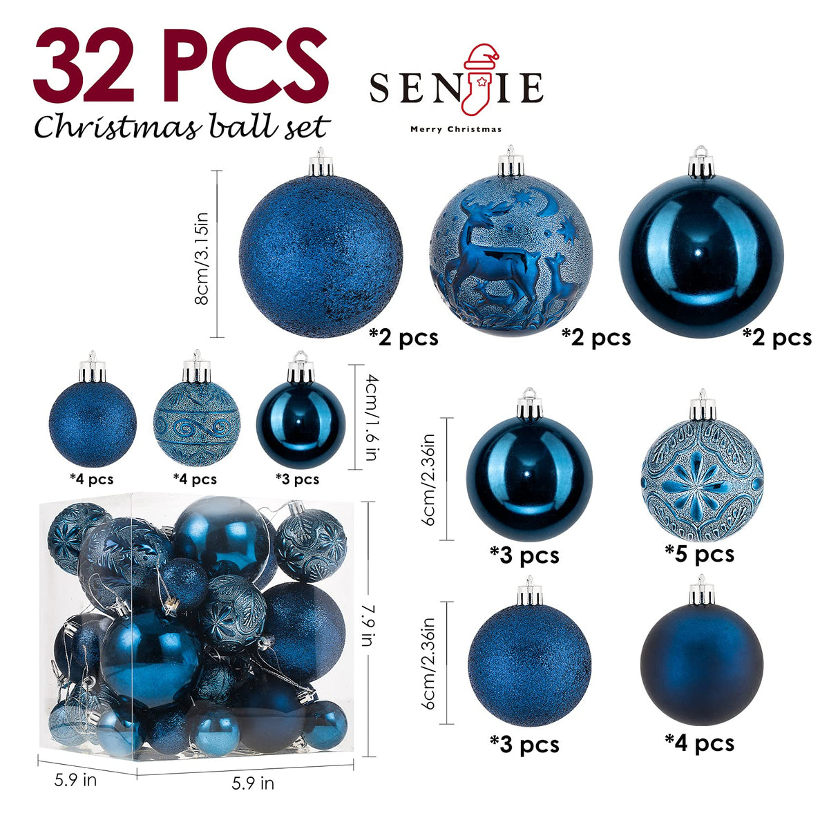 Senjie Night Blue Shatterproof Christmas Ornaments 32pcs Set Plastic 2