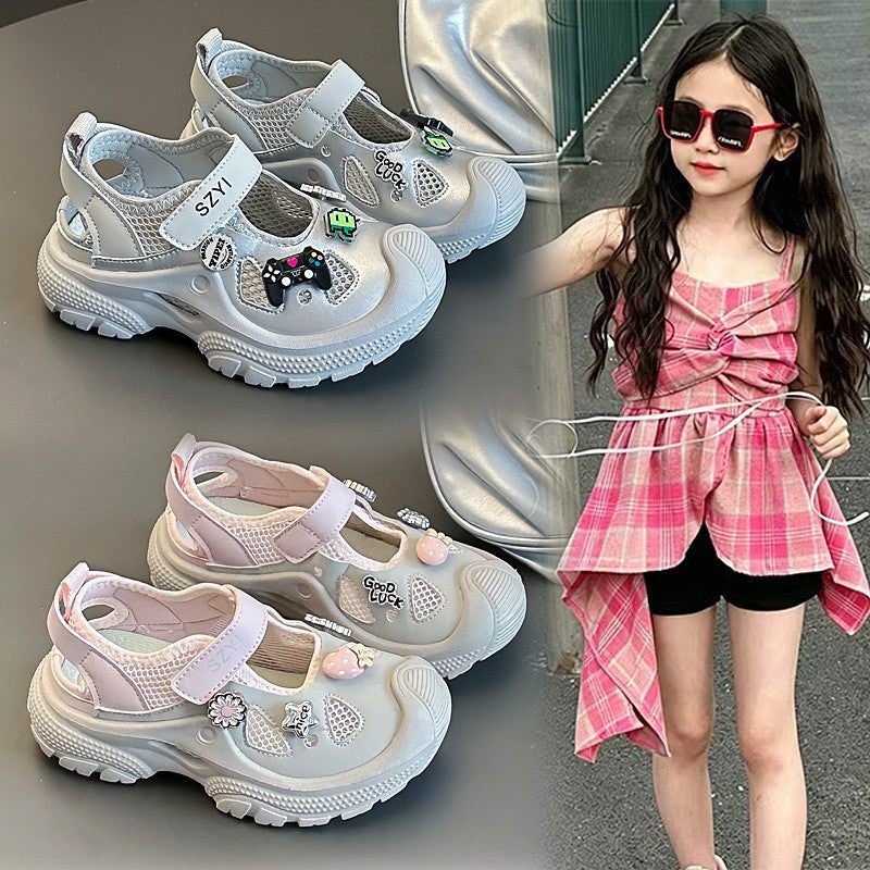 Trendy Brand Kids Mary Jane Sneakers, Hollow Out Heel Design, Hook-and-Loop Slip-On Breathable Mesh Shoes For Girls 4
