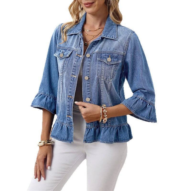 Exclusive Cross-border Supply Of Ruffled Denim Jacket For Women, Cropped Jean Jacket With Bell Sleeves, Sweet Style Outerwear 5