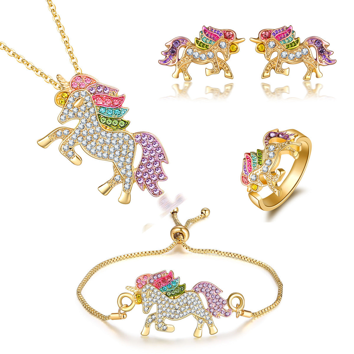 Colorful Cartoon-Themed Unicorn Earrings, Necklace, Ring & Bracelet Jewelry Set 2