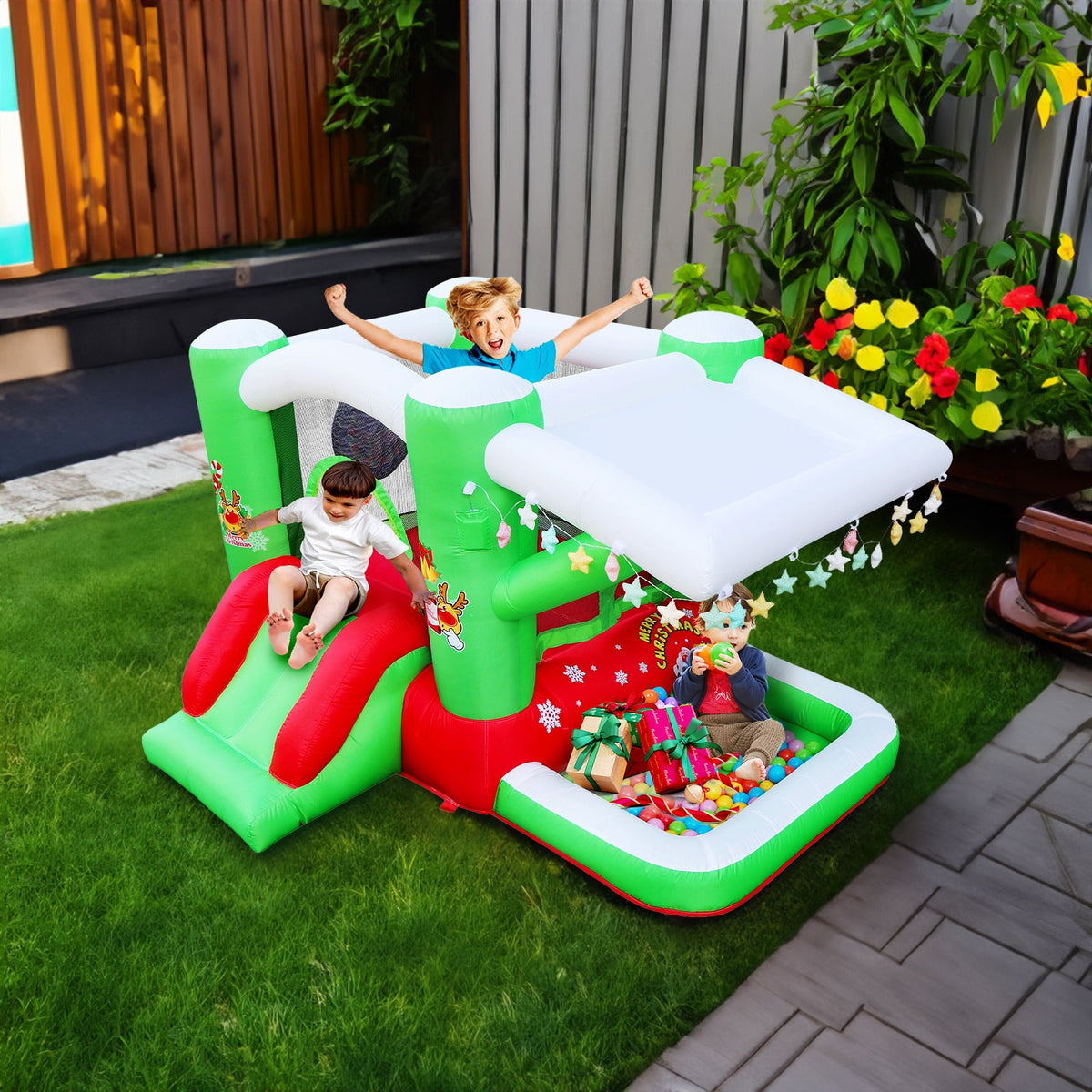 Christmas Jump 'n Slide Inflatable Bouncer for Kids Complete Setup with Blower - 80" x 91" Play Area - 55" Tall 1