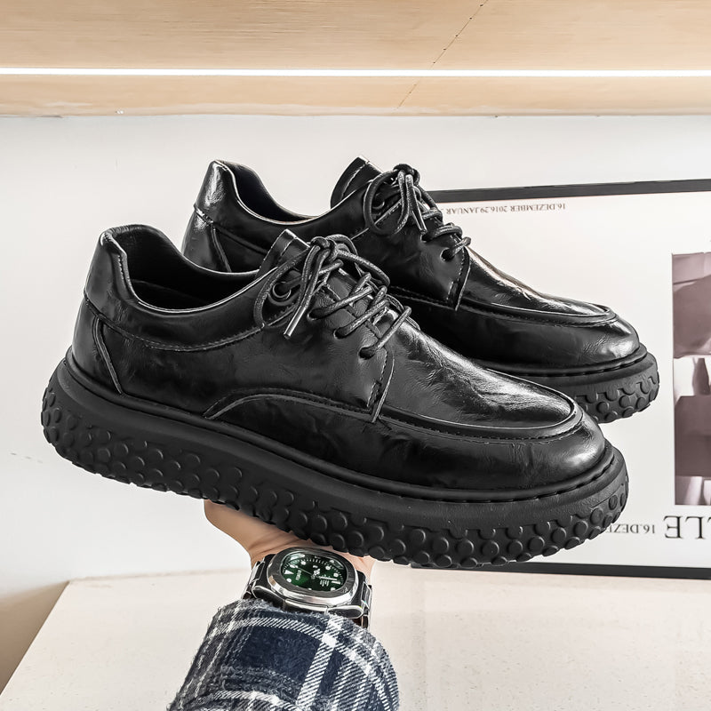 Trendy Brand Men's Leather Shoes, British Style Fashion Thick Sole Casual Footwear, Low-top Lace-up Height-increasing Breathable Black Loafers 6