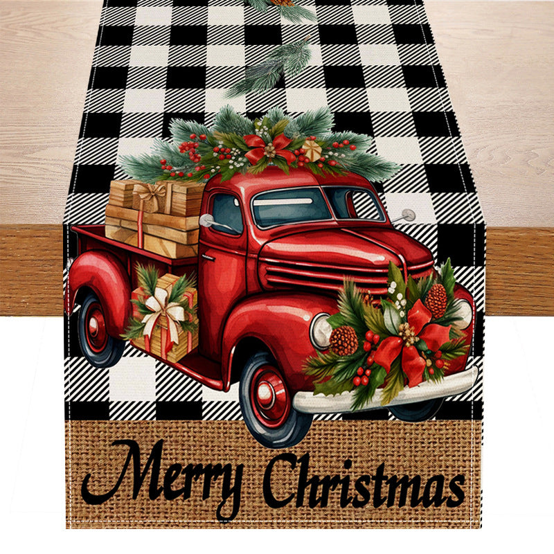 Red car printed table flag Christmas red black checkered linen living room decoration tablecloth 8