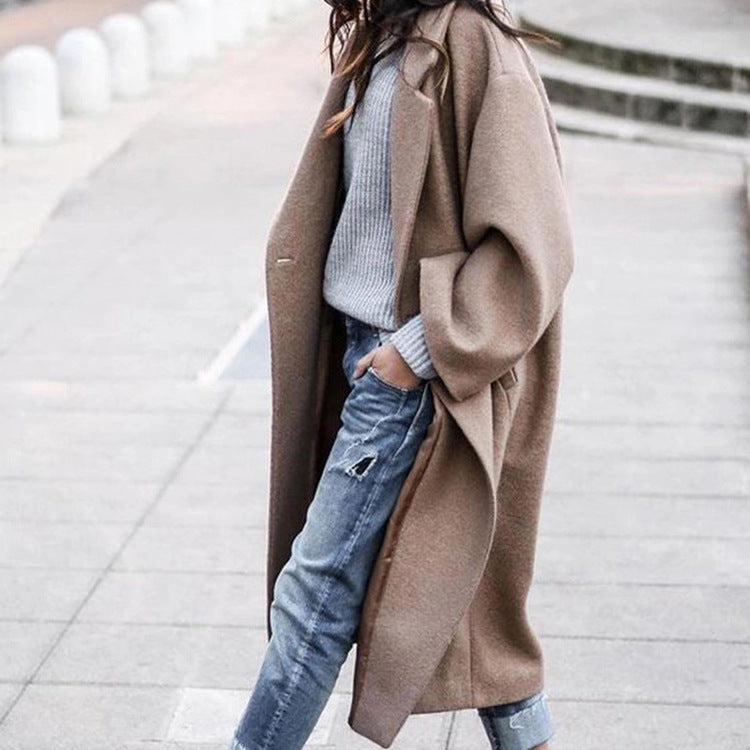 Casual Long Jacket With Pockets Solid Color Single Breasted Lapel Woolen Coat For Women Warm Winter Clothing 6