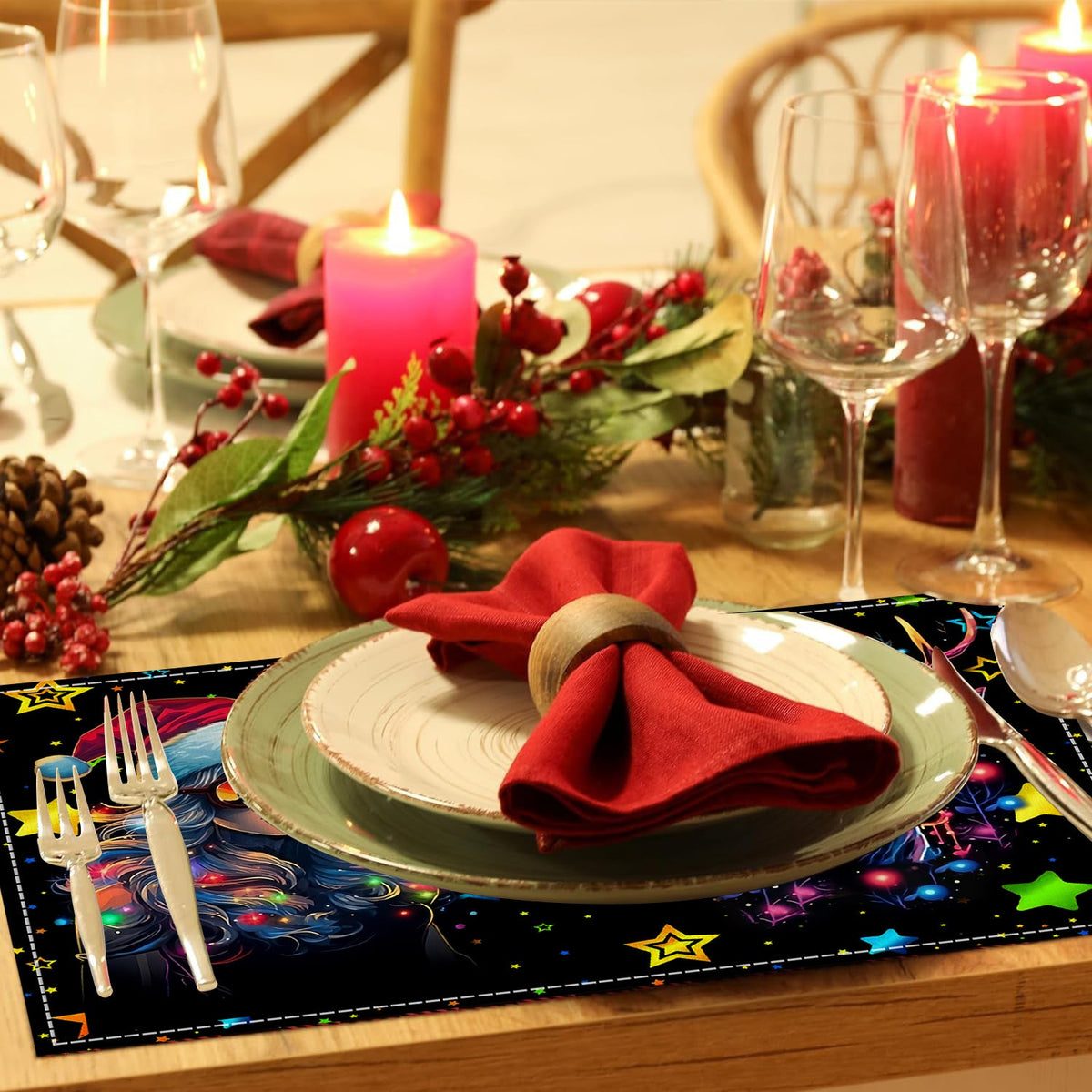 Christmas table mat with white linen starry sky and Santa Claus print 4