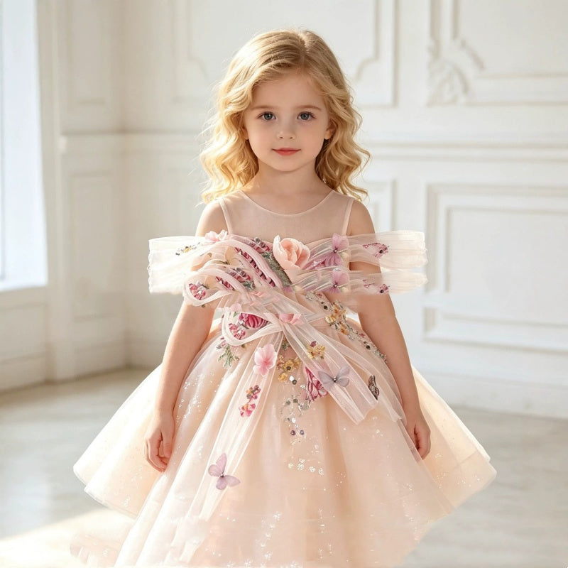 Three-dimensional Flower And Butterfly Tulle Ball Gown For Flower Girls 1