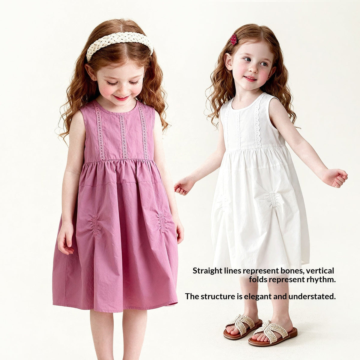 Solid-color Ruched Lace-Patchwork Vest Dress For Girls 2