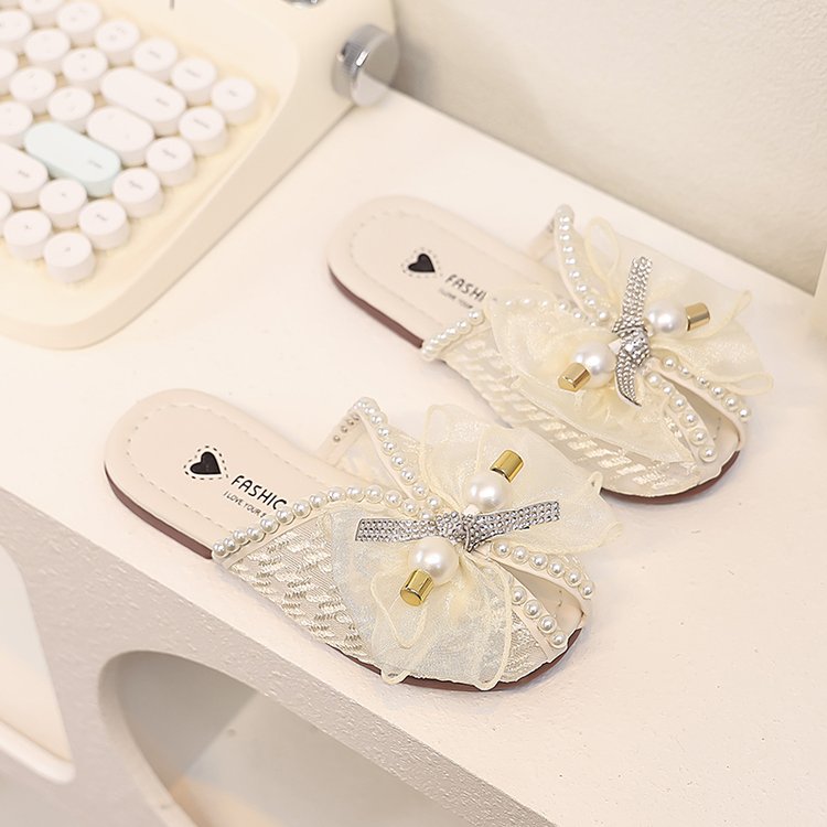 Girls' Children's Slippers Summer Style Fish Mouth Outdoor Half Drag Sandals Fashionable Middle-aged Children's Bow One Line Cool Drag 3