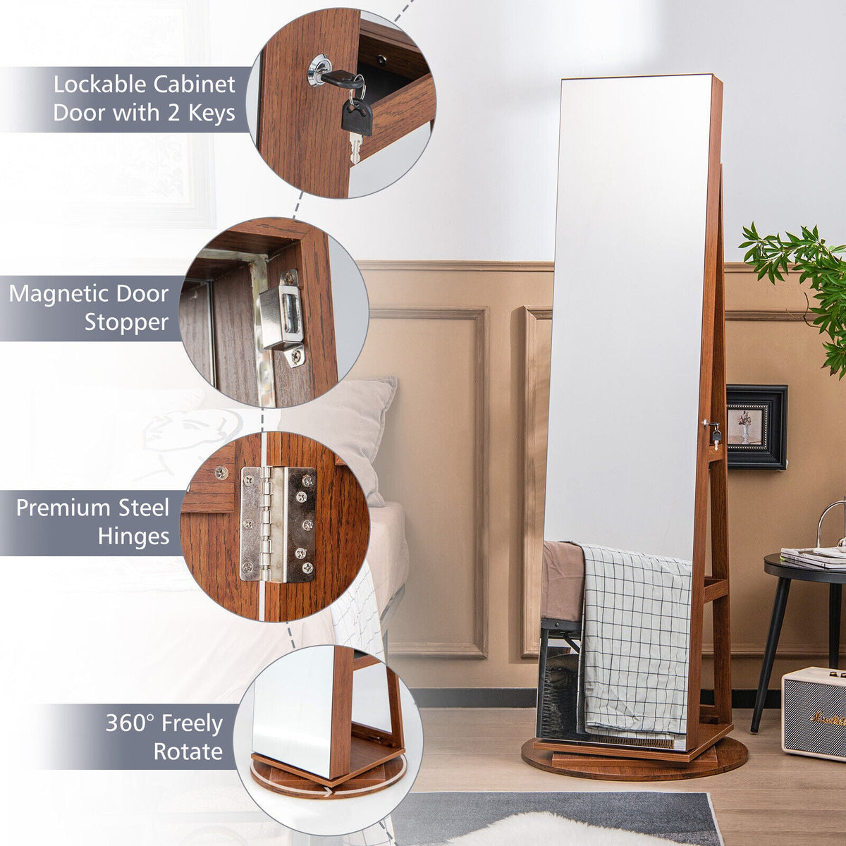 360° Rotating Mirrored Jewelry Cabinet Armoire 3 Color LED Modes Lockable 8