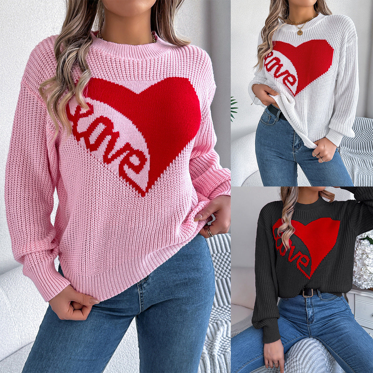 Love Print Pullover Sweater Autumn And Winter Loose Long-sleeved Knitted Tops For Women Valentine's Day Clothing 1