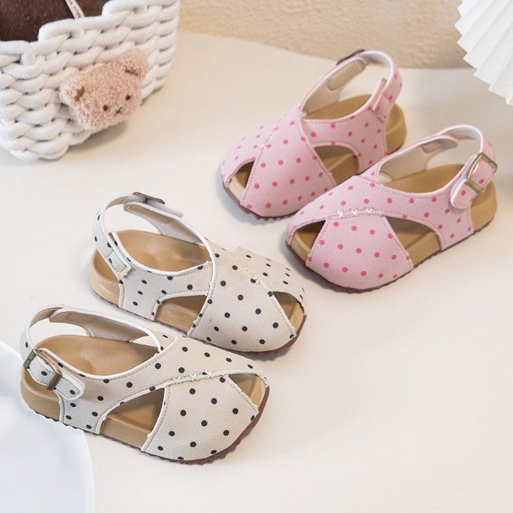 2026 Summer New Kids Polka Dot Birken Roman Sandals, Retro Fish Mouth Beach Shoes, Soft Sole Princess Shoes For Girls, Skirt Matching Flats 1