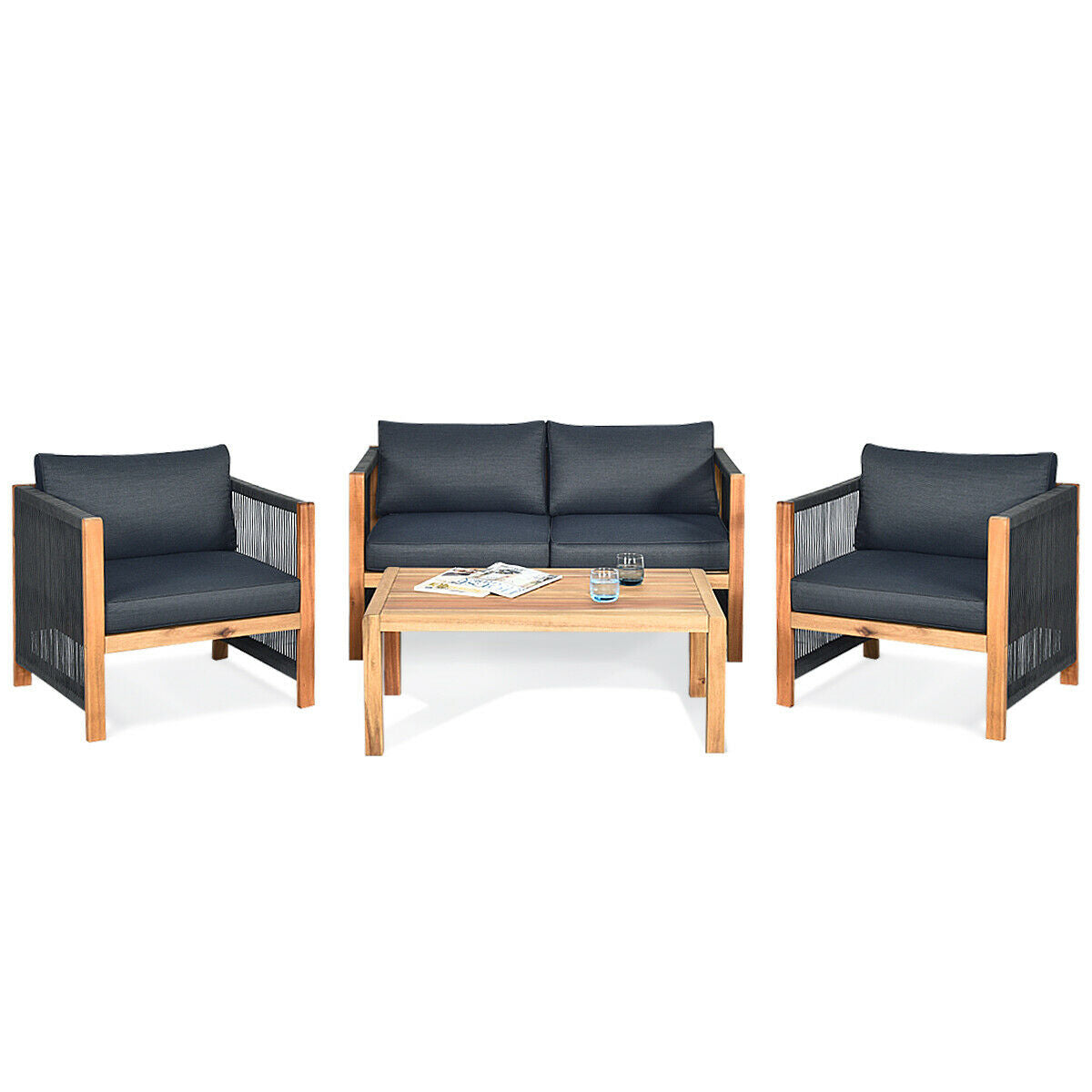 4 Pieces Acacia Wood Outdoor Patio Furniture Set with Cushions 3