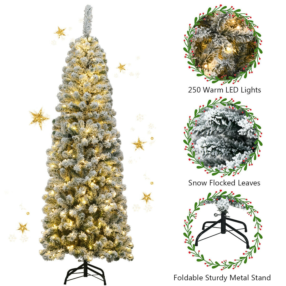 6 Feet Pre-lit Snow Flocked Artificial Pencil Christmas Tree with 250 LED Lights 7