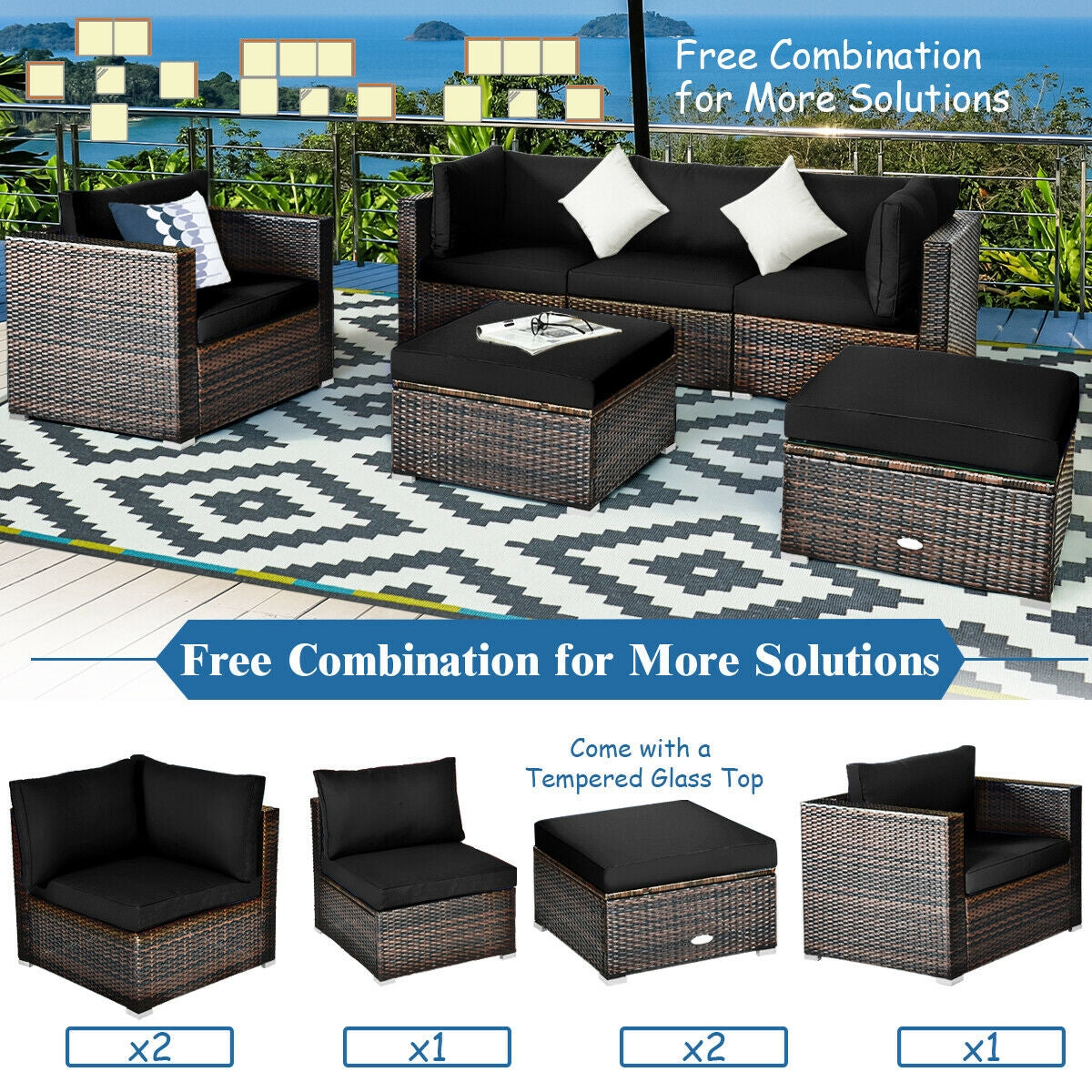 6 Pcs Patio Rattan Furniture Set with Sectional Cushion 2