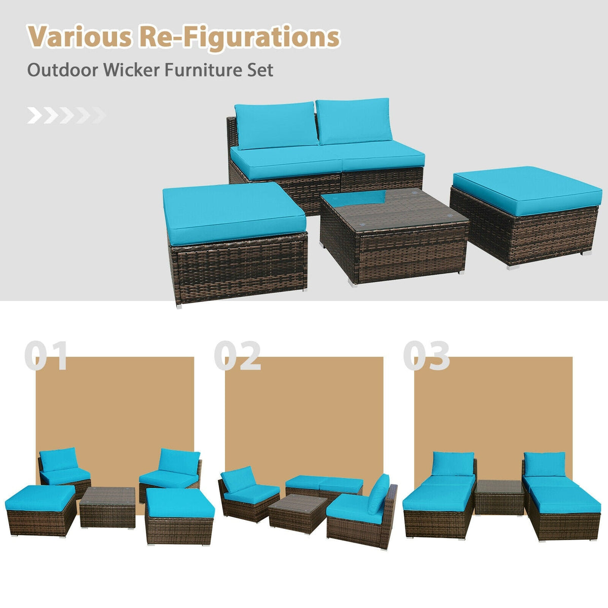 5 Pieces Patio Rattan Furniture Set with Cushioned Armless Sofa 17